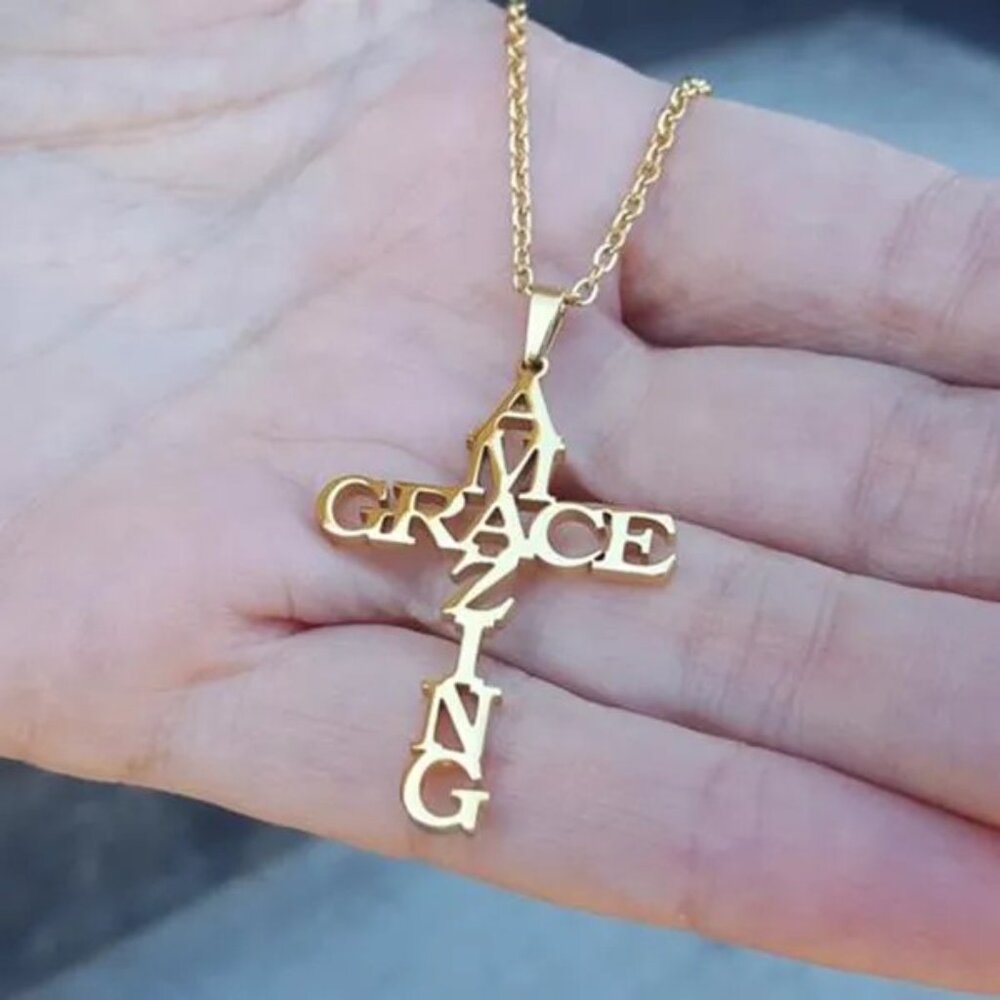 Stainless Steel Amazing‎ Grace Cross Necklace - Gold, Christian Faith, Church